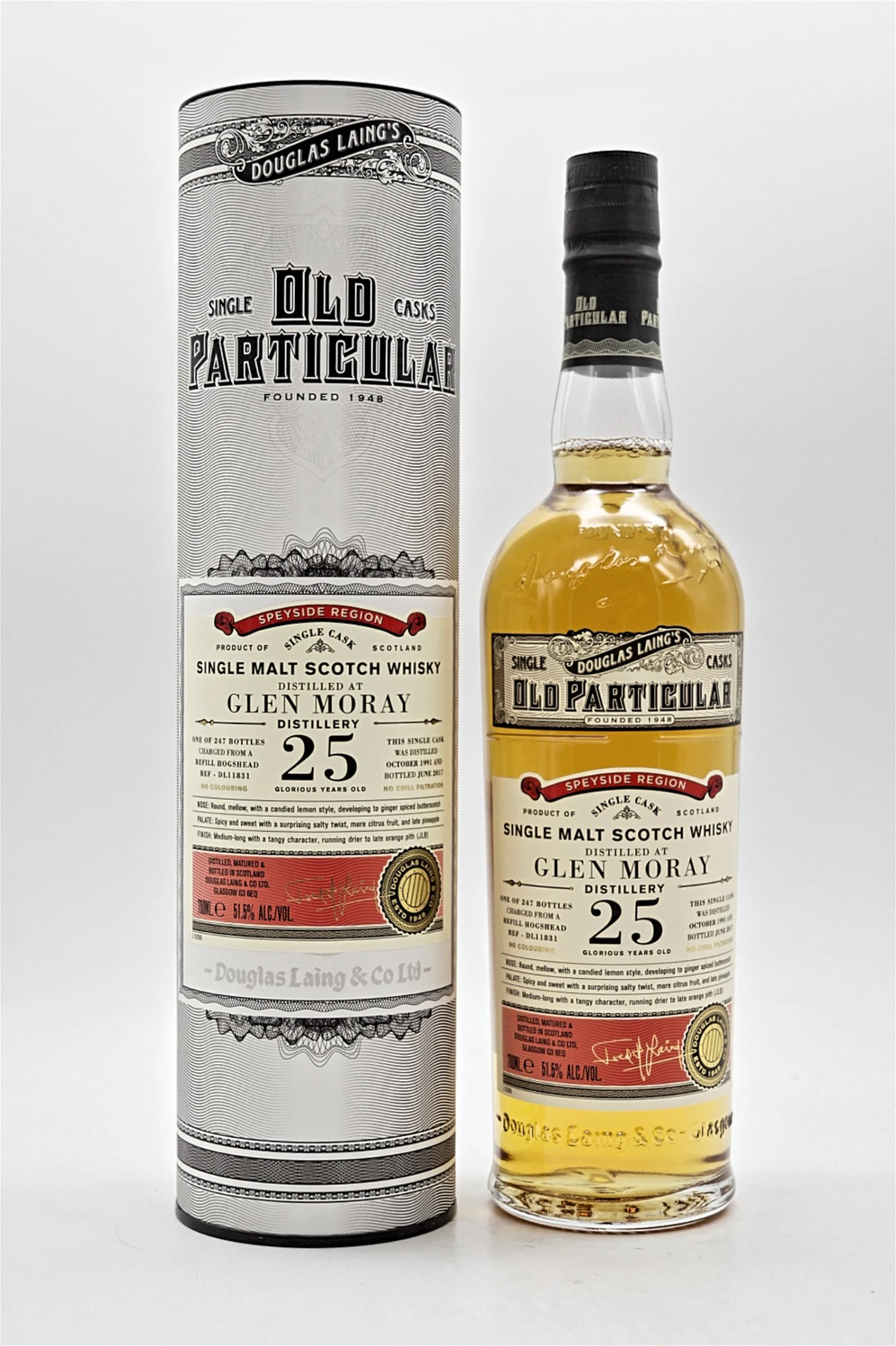 Glen Moray Distillery 25 Jahre 1991/2017 51,5% 247 Fl. Single Cask Single Malt Scotch Whisky 1 Glen Moray Distillery 25 Jahre 1991/2017 51,5% 247 Fl. Single Cask Single Malt Scotch Whisky
